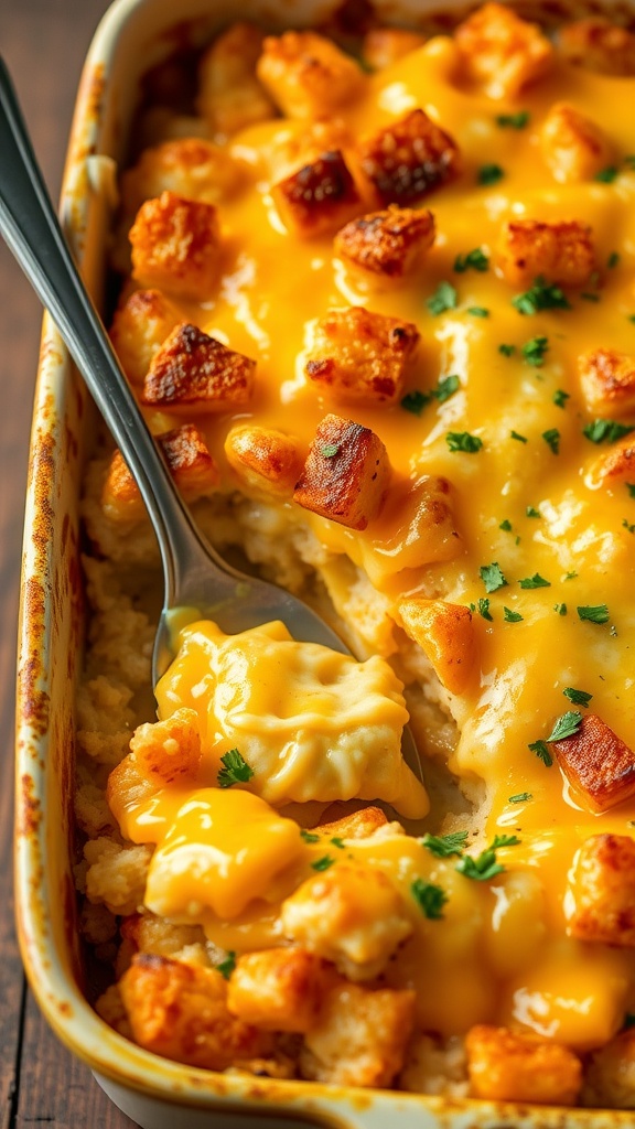 Cheesy hashbrown potato casserole, bubbling and golden, garnished with herbs on a wooden table.